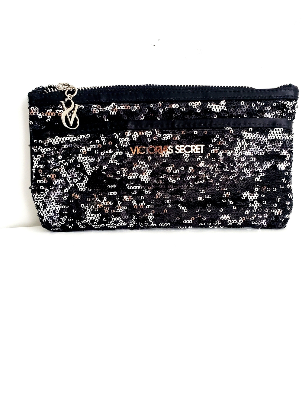Victoria's Secret Black Sequin Cosmetic Pouch with Gold Logo